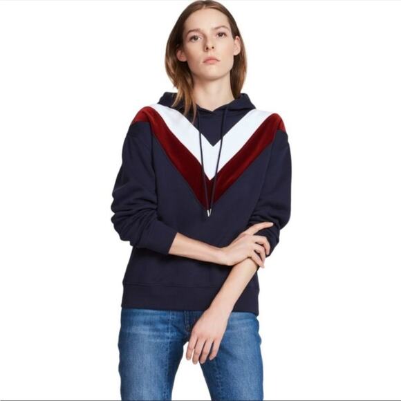 Sandro Paris Hooded Sweatshirt With Velvet Insert In Blue Size Small - Picture 1 of 10